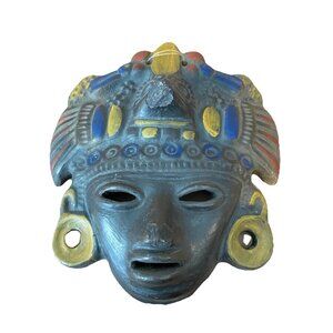 VTG MAYAN AZTEC MEXICAN BLACK CLAY WITH COLOR TERRA COTTA MASK  7”x 6”